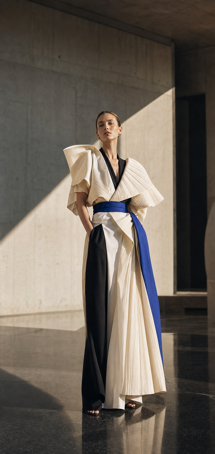 Model wearing an ivory, black and cobalt couture look in a brutalist gallery