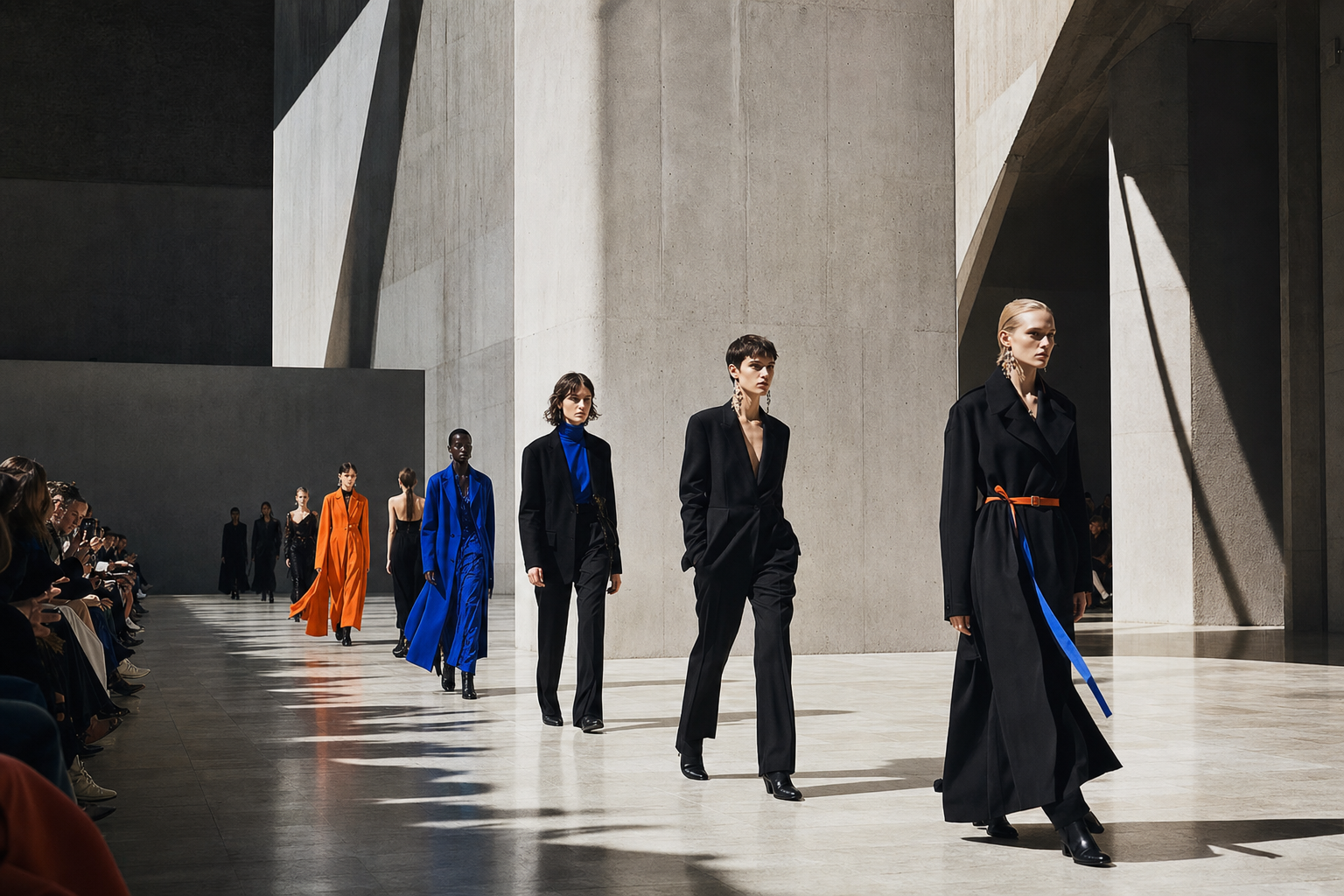 Models walking through a modernist runway show